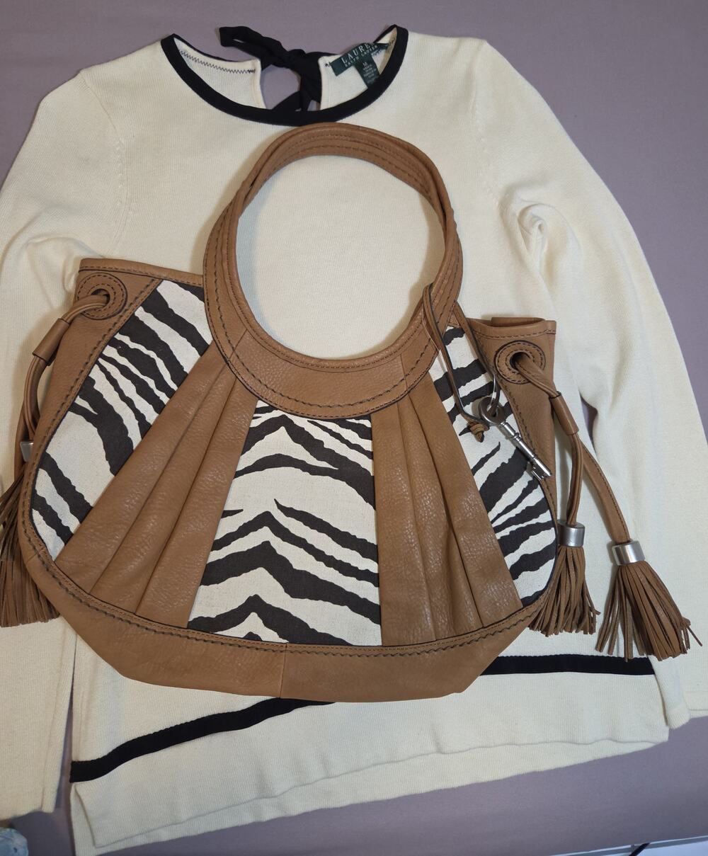 Fossil Fifty Four Zebra Leather Canvas Hobo Bag Tassels Key Charm Y2K